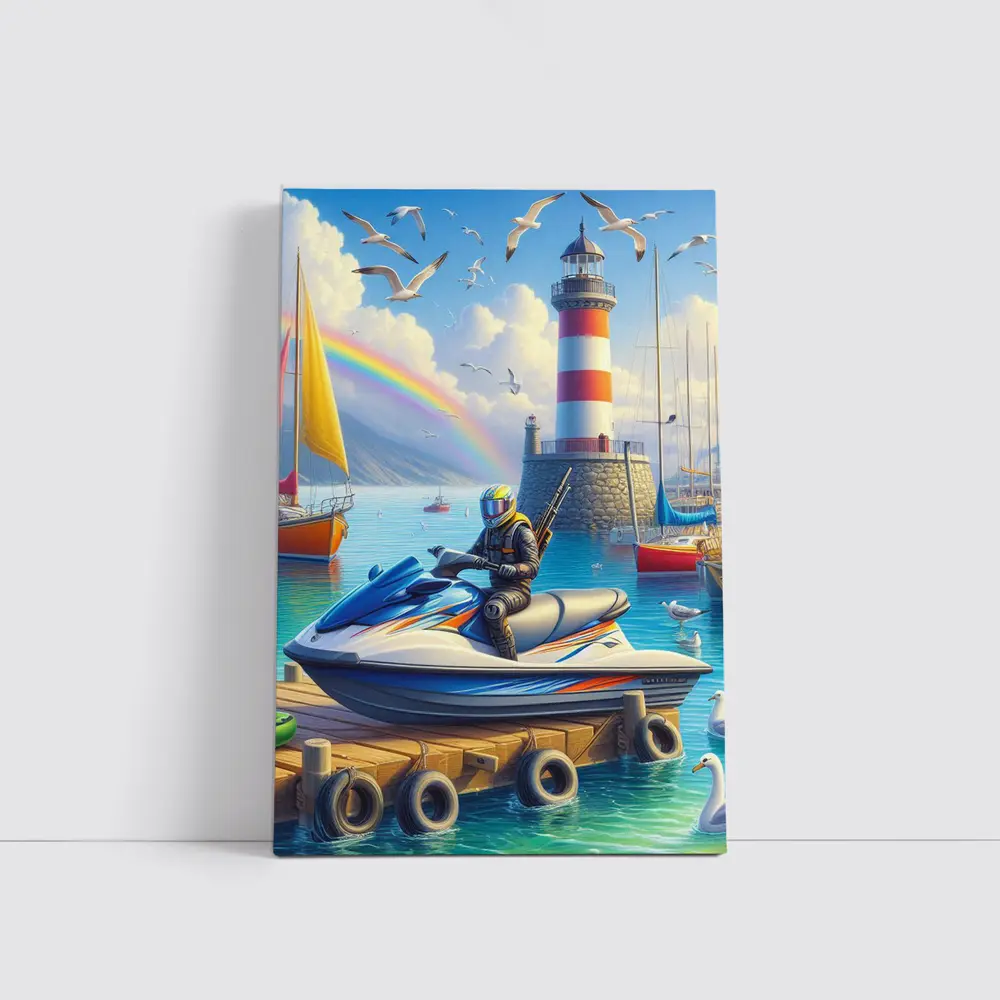 Jet Ski Rider Lighthouse Harbor Rainbow Scene – Wall Art