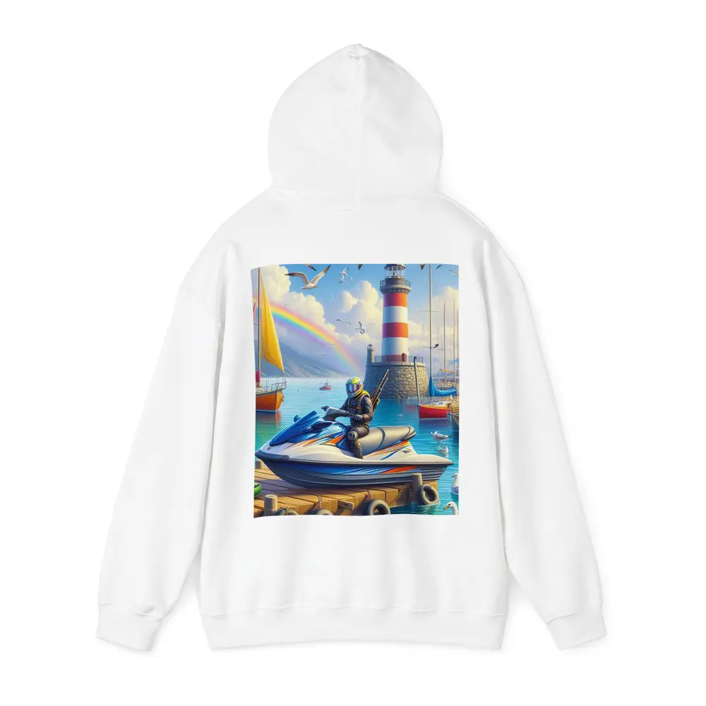 Jet Ski Rider Lighthouse Harbor Rainbow Scene – Hoodies