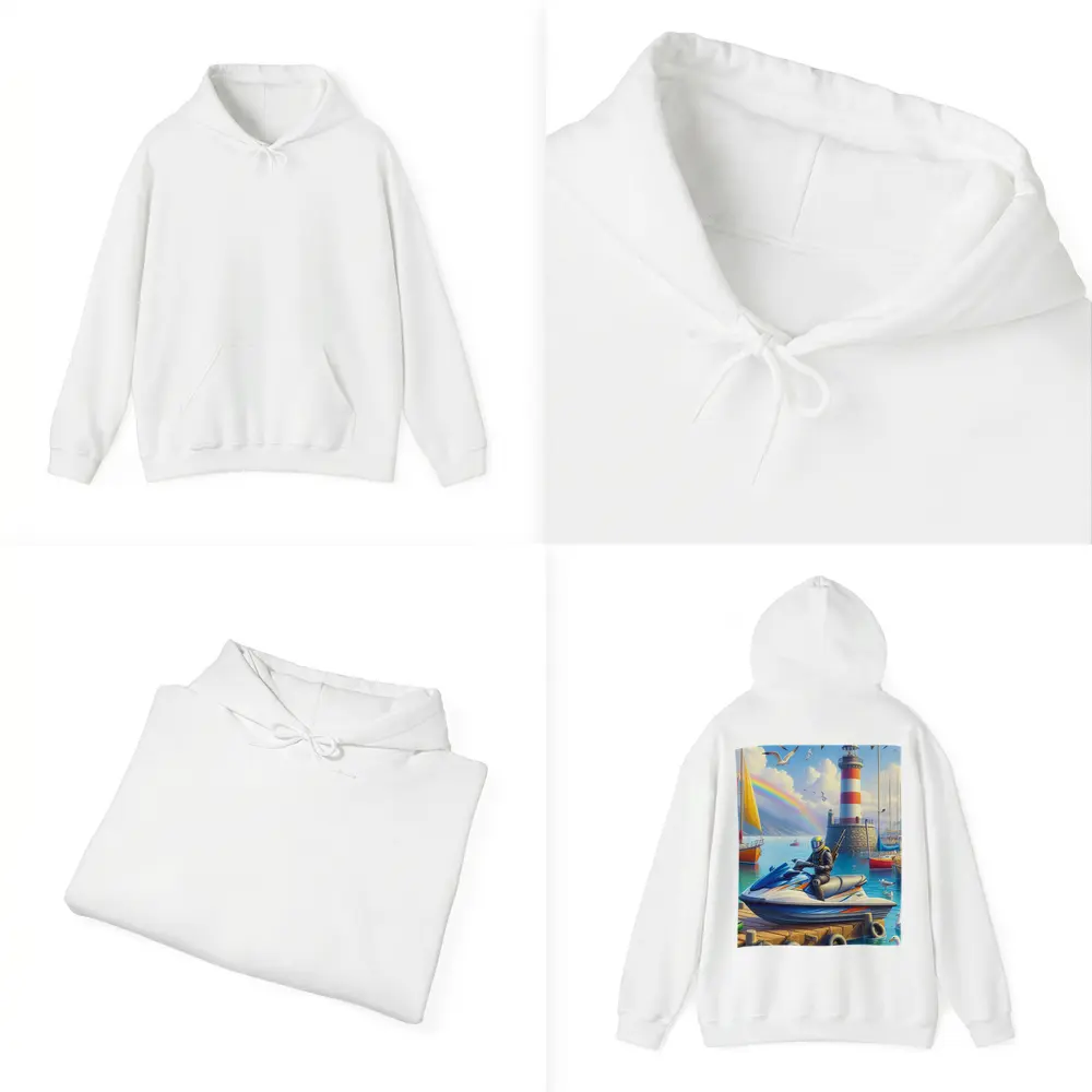 Jet Ski Rider Lighthouse Harbor Rainbow Scene – Hoodies