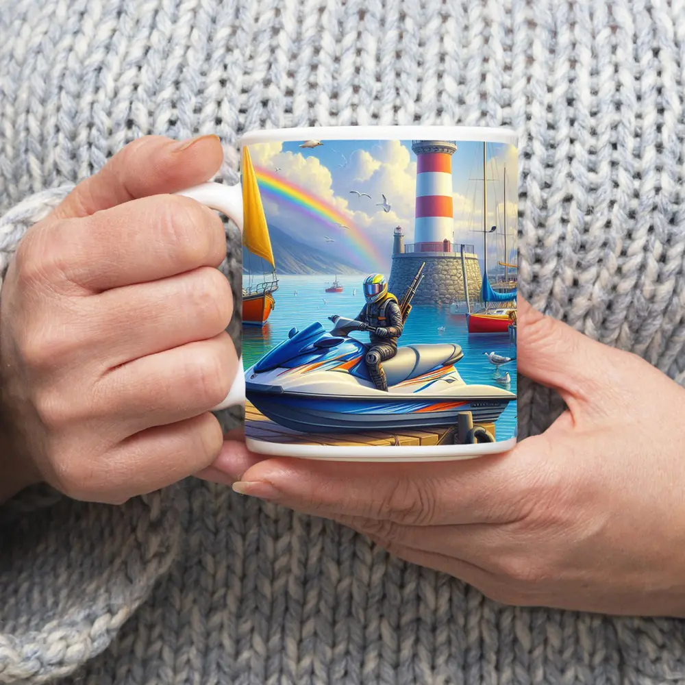 Jet Ski Rider Lighthouse Harbor Rainbow Scene – Mugs