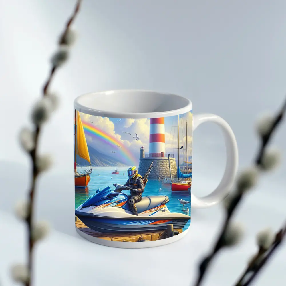 Jet Ski Rider Lighthouse Harbor Rainbow Scene – Mugs