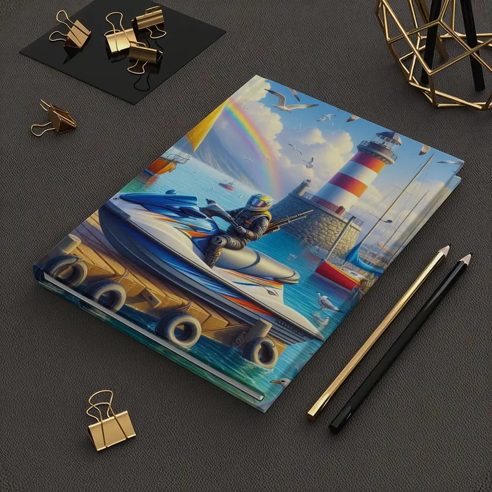 Jet Ski Rider Lighthouse Harbor Rainbow Scene – Notebooks