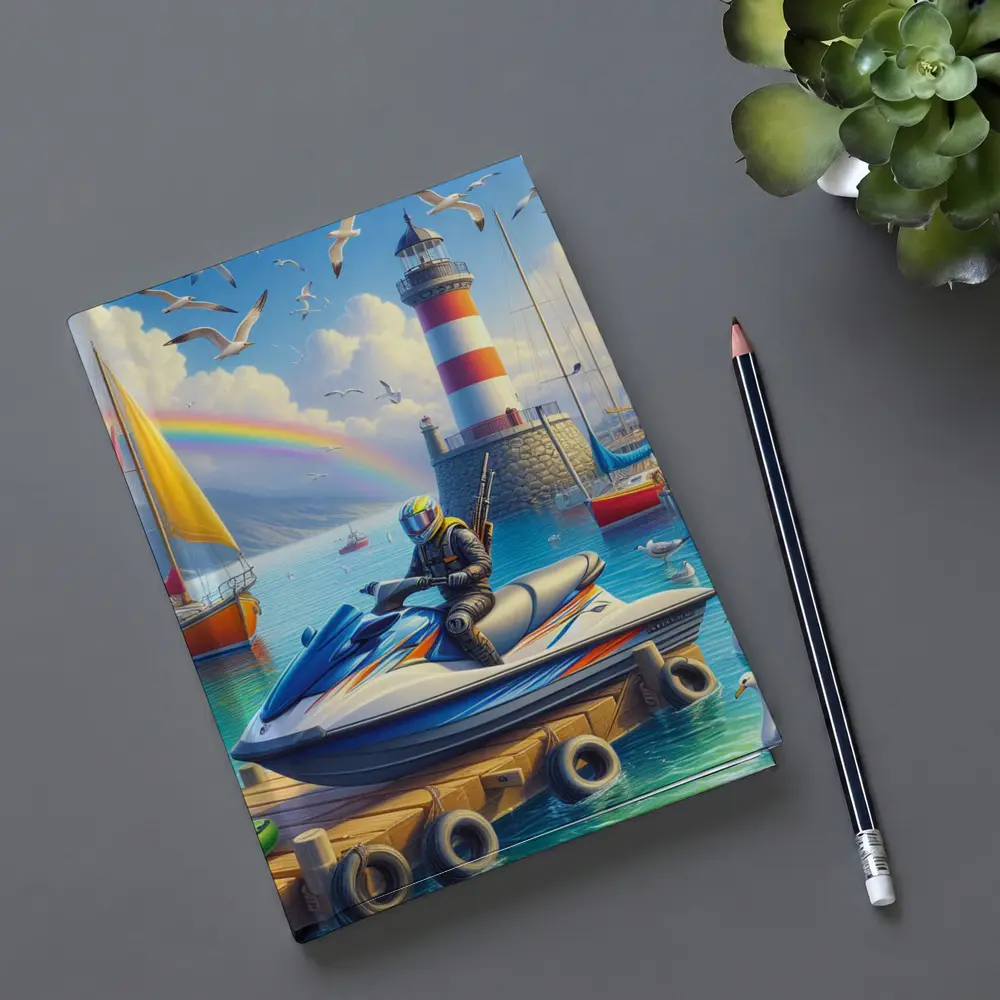 Jet Ski Rider Lighthouse Harbor Rainbow Scene – Notebooks