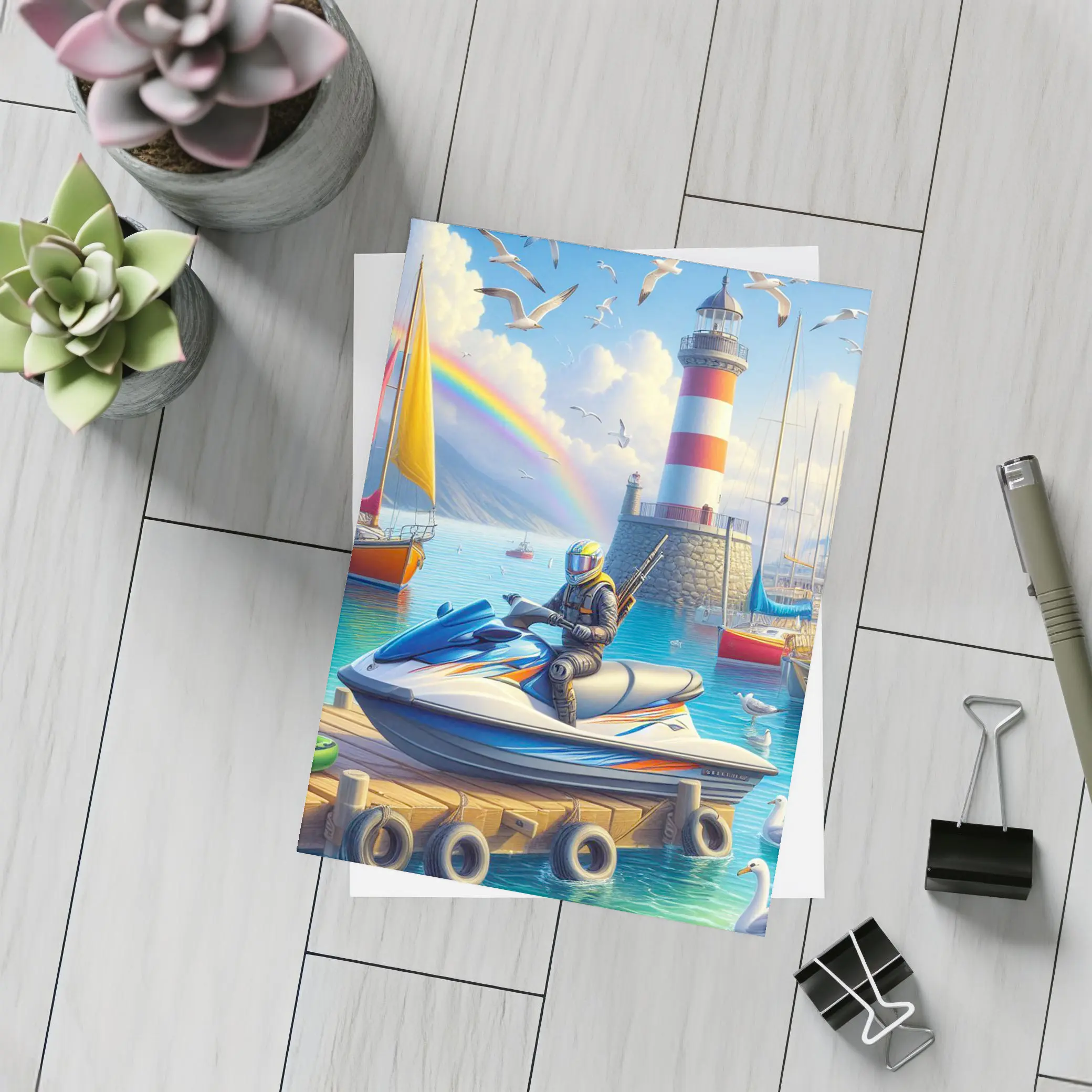 Jet Ski Rider Lighthouse Harbor Rainbow Scene – Postcards