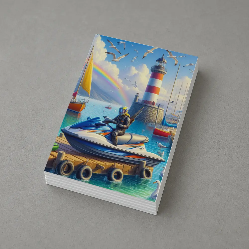 Jet Ski Rider Lighthouse Harbor Rainbow Scene – Postcards