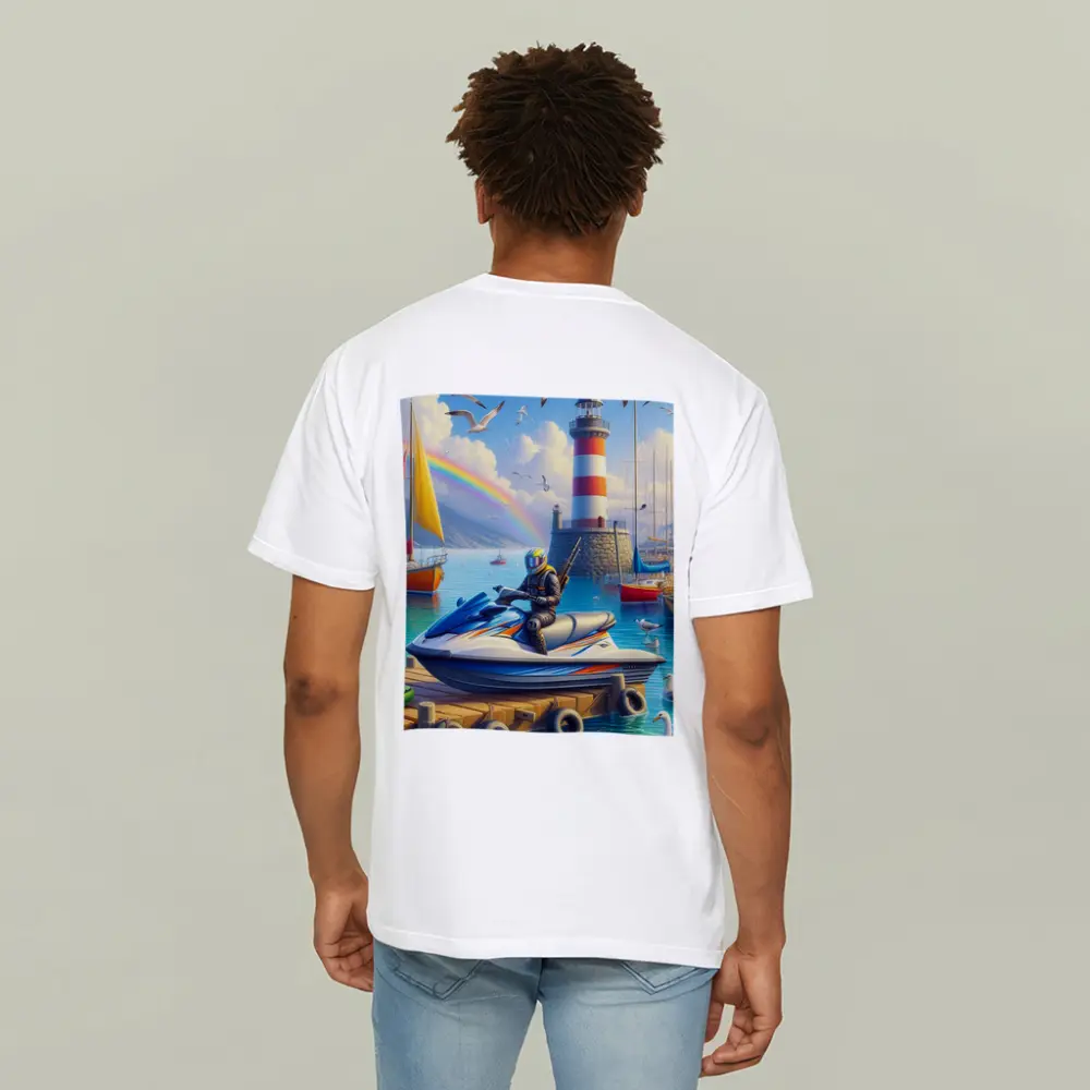 Jet Ski Rider Lighthouse Harbor Rainbow Scene – T-Shirts