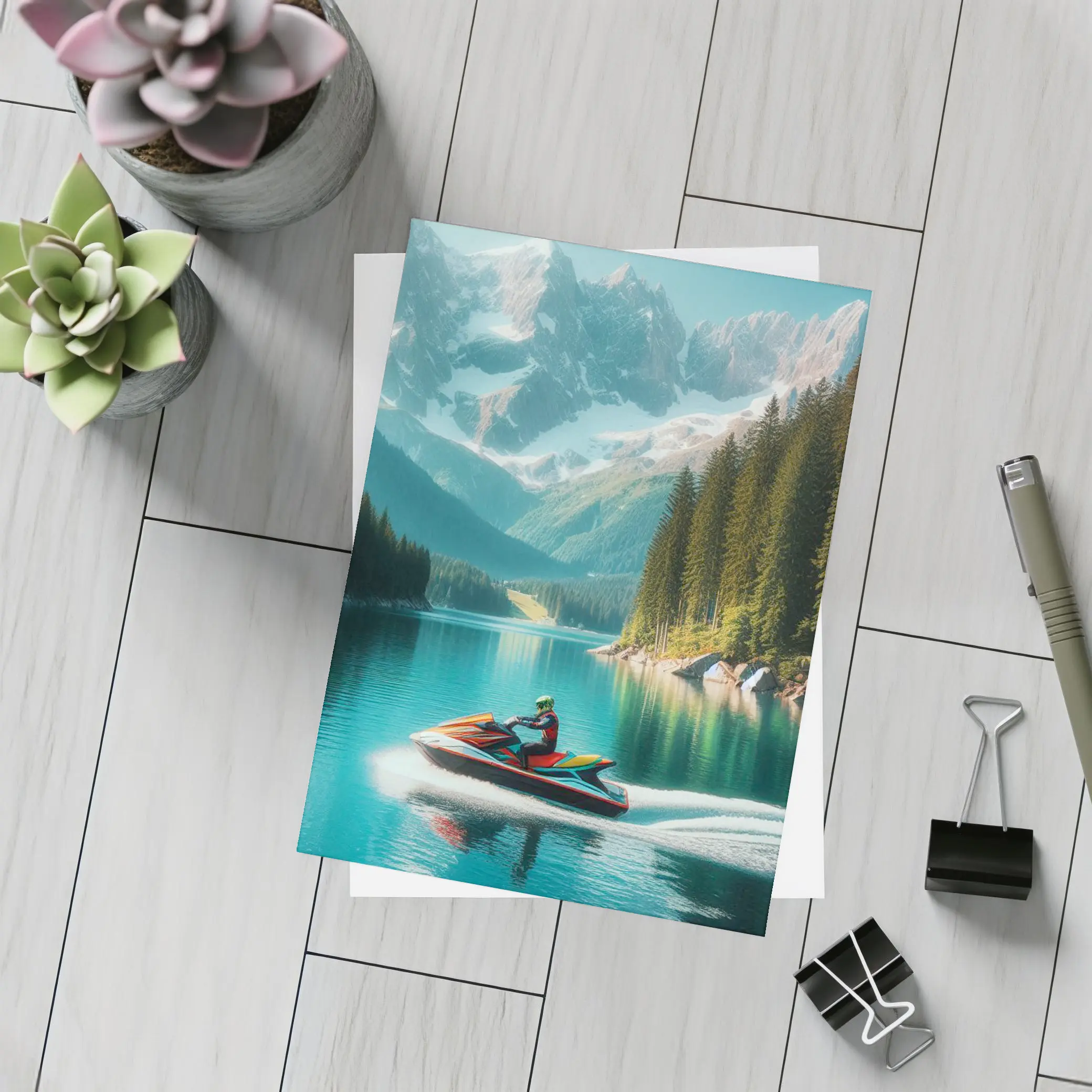 Jet Ski Rider on Turquoise Mountain Lake – Postcards