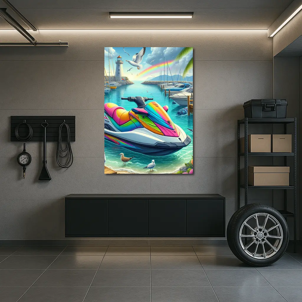 Rainbow Jet Ski Tropical Harbor Scene Art – Wall Art