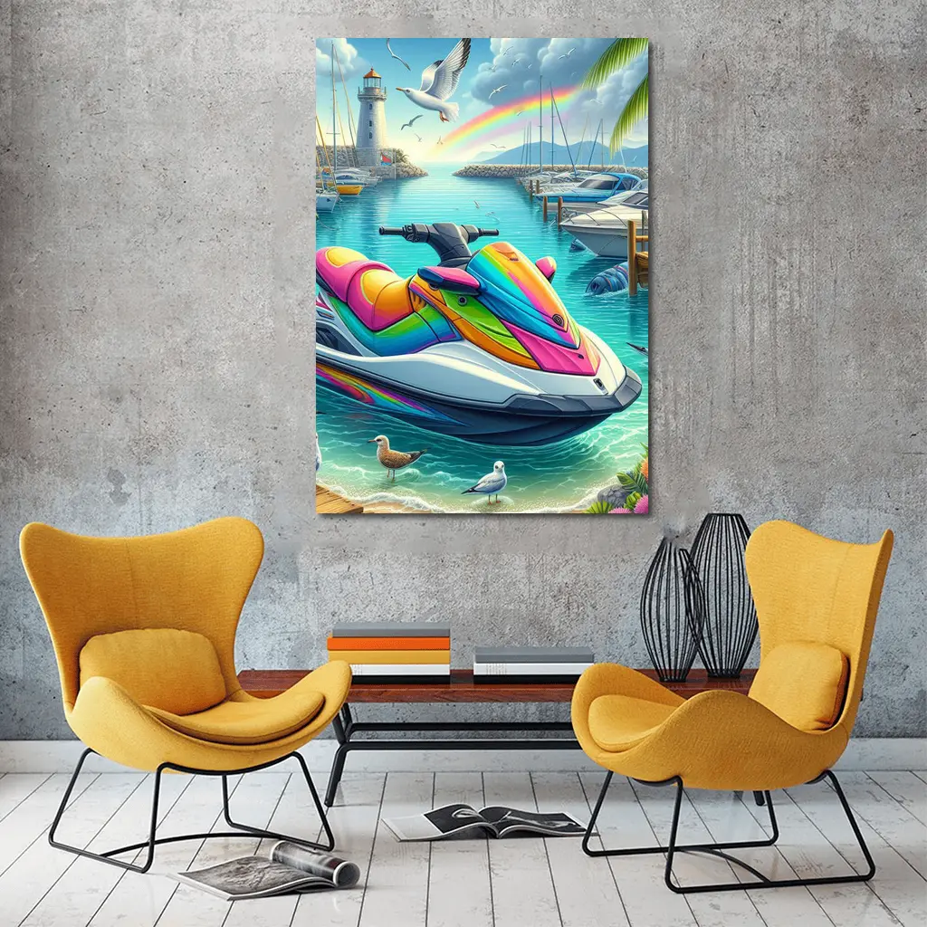Rainbow Jet Ski Tropical Harbor Scene Art – Wall Art