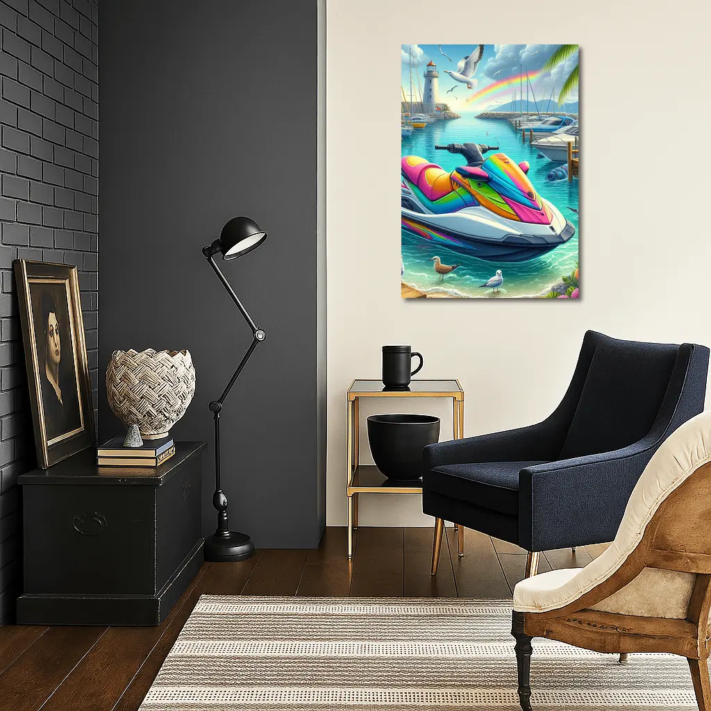 Rainbow Jet Ski Tropical Harbor Scene Art – Wall Art