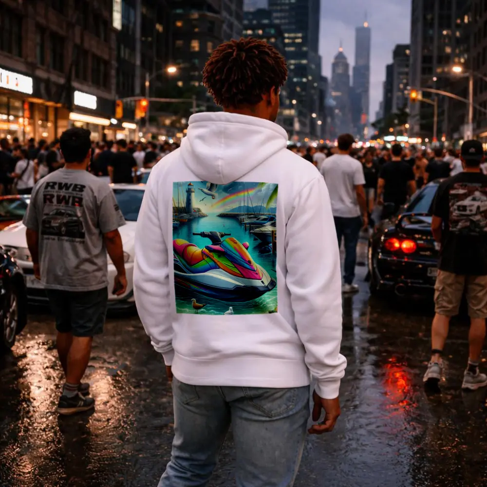 Rainbow Jet Ski Tropical Harbor Scene Art – Hoodies