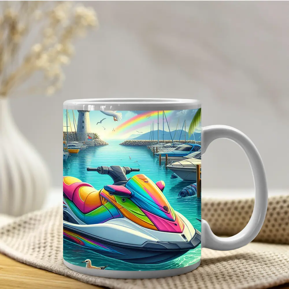 Rainbow Jet Ski Tropical Harbor Scene Art – Mugs