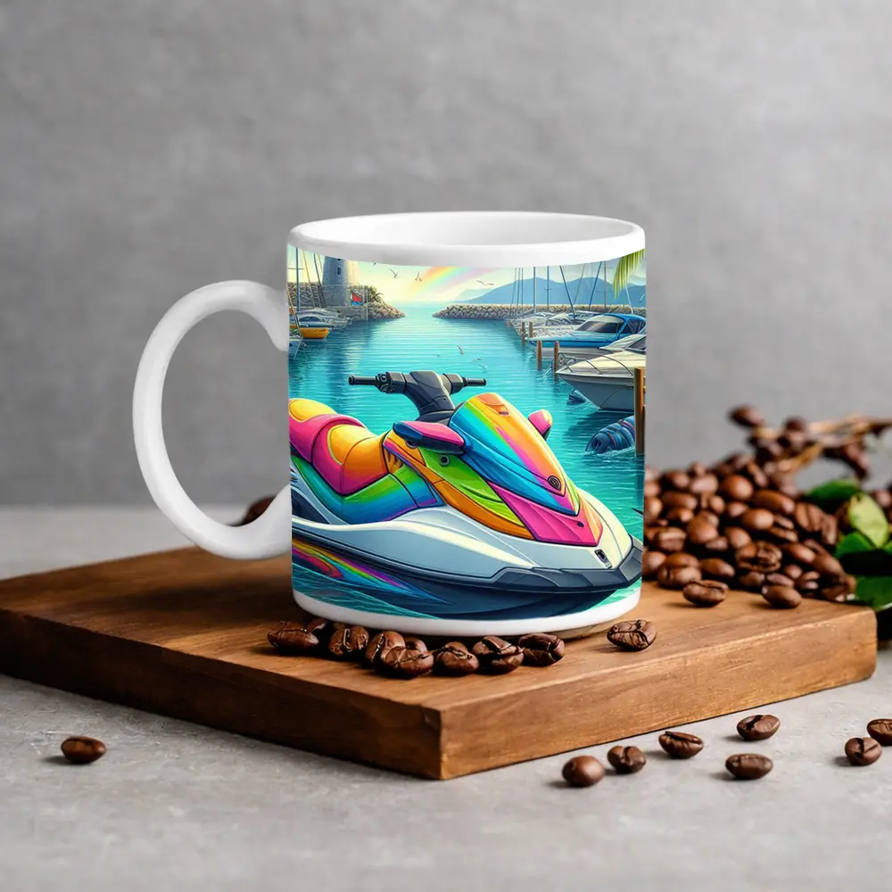 Rainbow Jet Ski Tropical Harbor Scene Art – Mugs