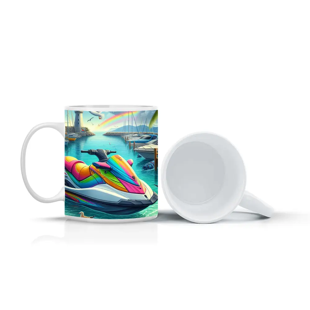 Rainbow Jet Ski Tropical Harbor Scene Art – Mugs