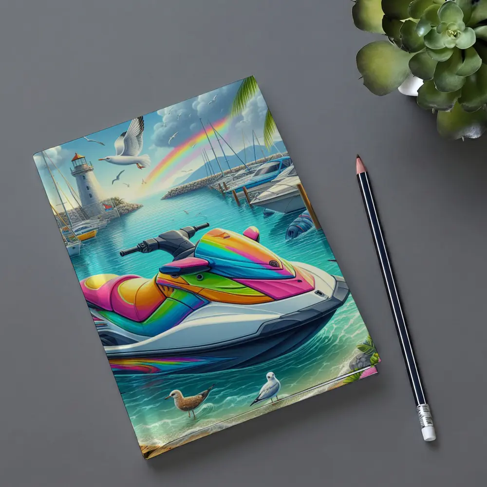 Rainbow Jet Ski Tropical Harbor Scene Art – Notebooks