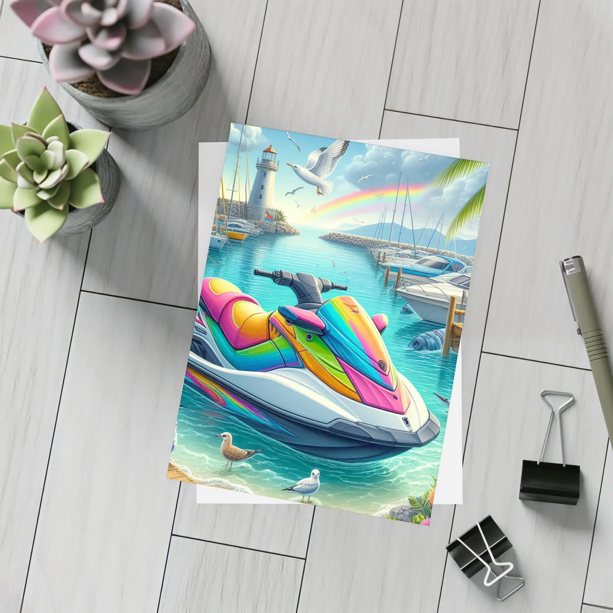 Rainbow Jet Ski Tropical Harbor Scene Art – Postcards