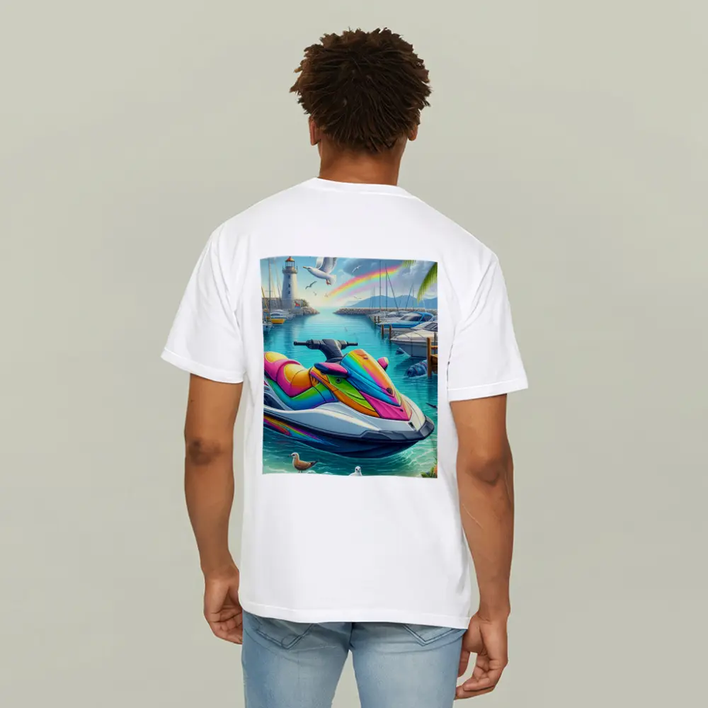 Rainbow Jet Ski Tropical Harbor Scene Art – T-Shirts