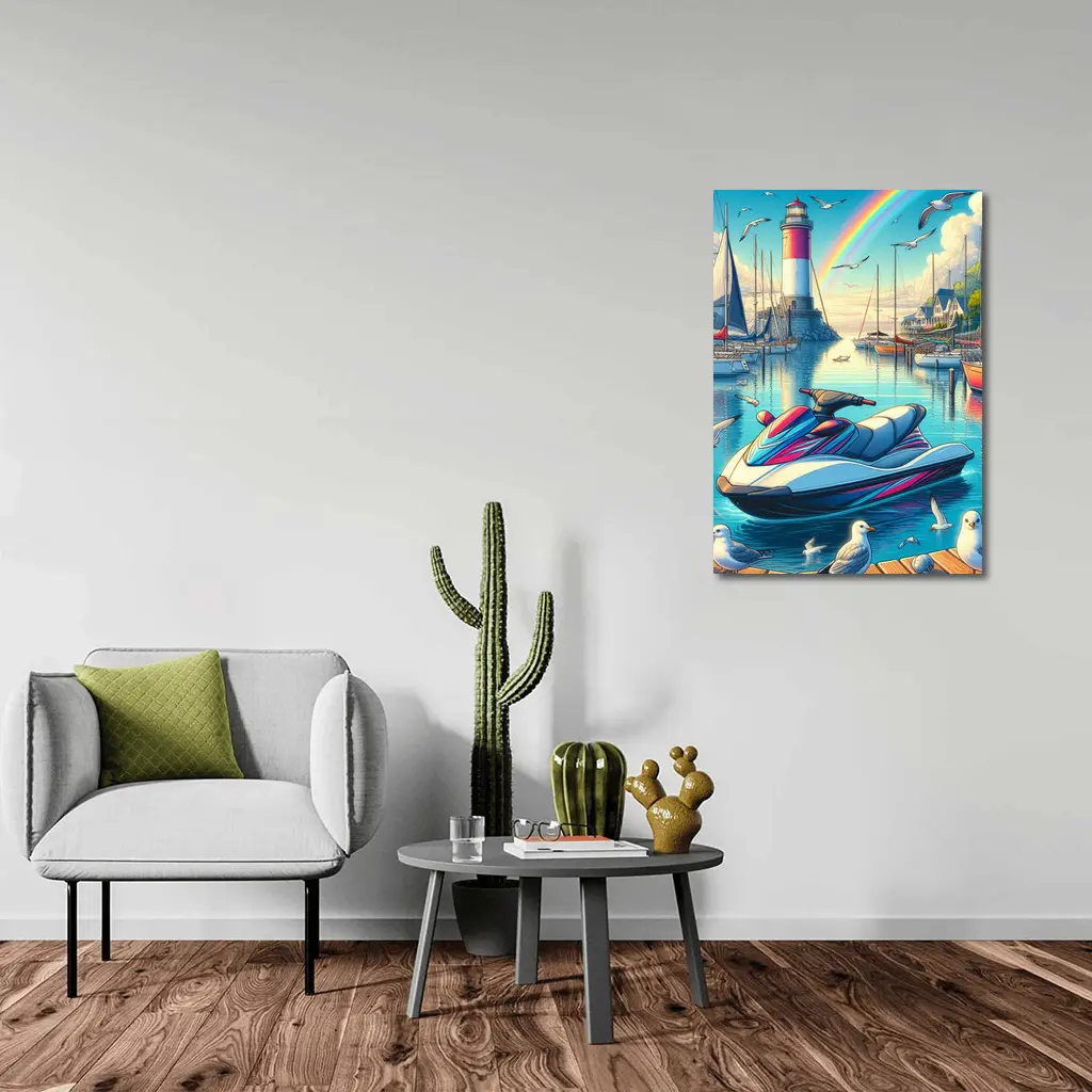 Jet Ski Harbor Lighthouse Rainbow Cartoon Art – Wall Art