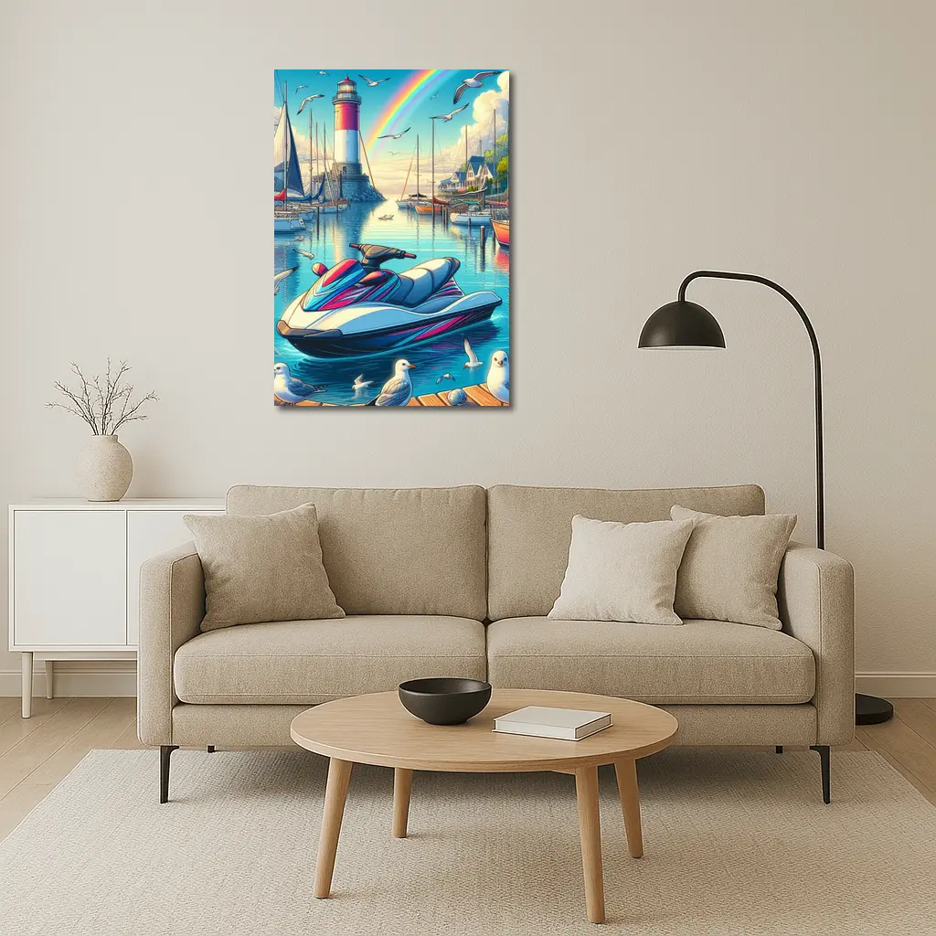 Jet Ski Harbor Lighthouse Rainbow Cartoon Art – Wall Art