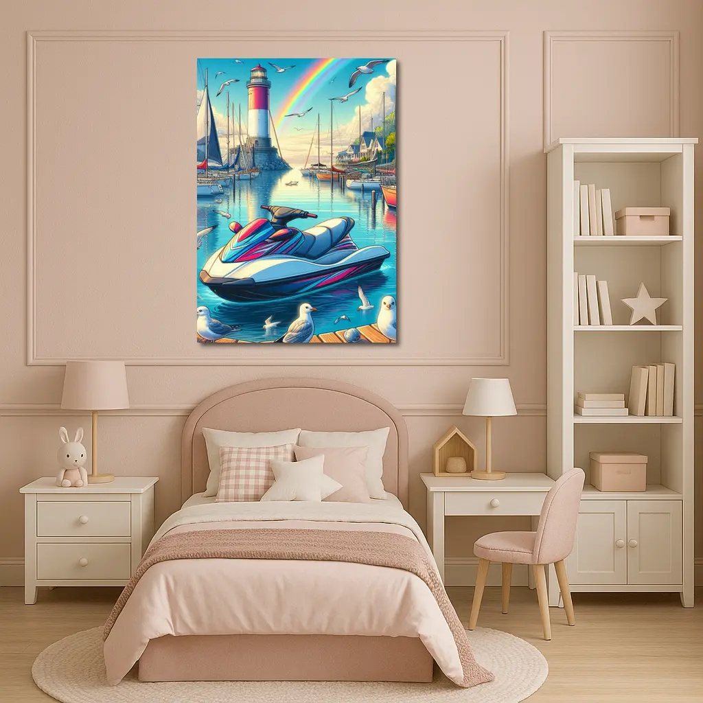 Jet Ski Harbor Lighthouse Rainbow Cartoon Art – Wall Art