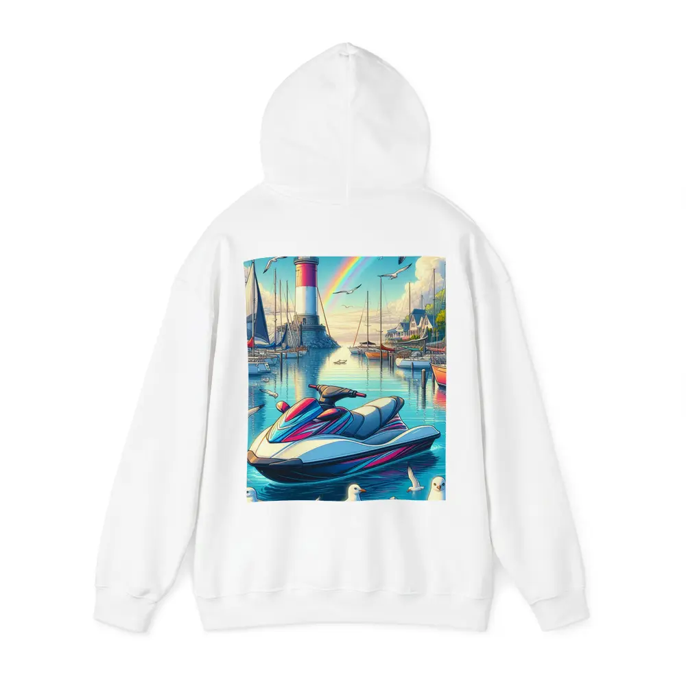 Jet Ski Harbor Lighthouse Rainbow Cartoon Art – Hoodies