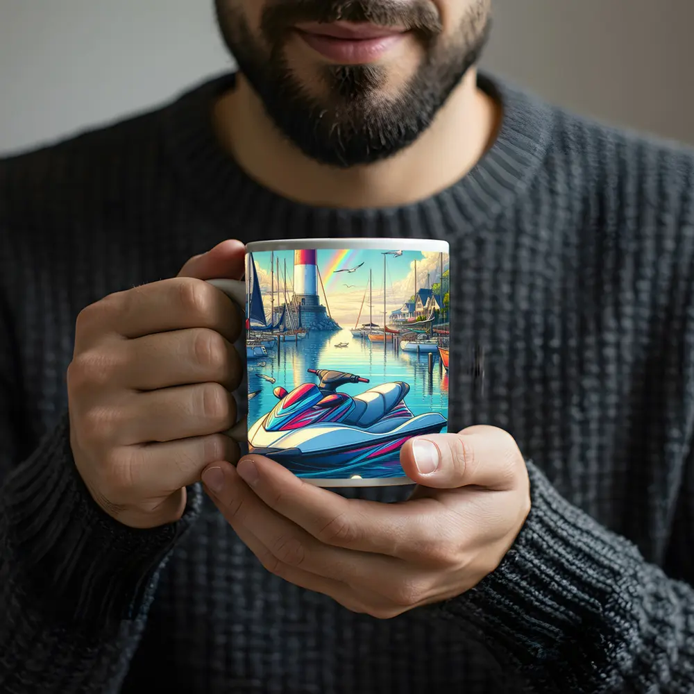 Jet Ski Harbor Lighthouse Rainbow Cartoon Art – Mugs