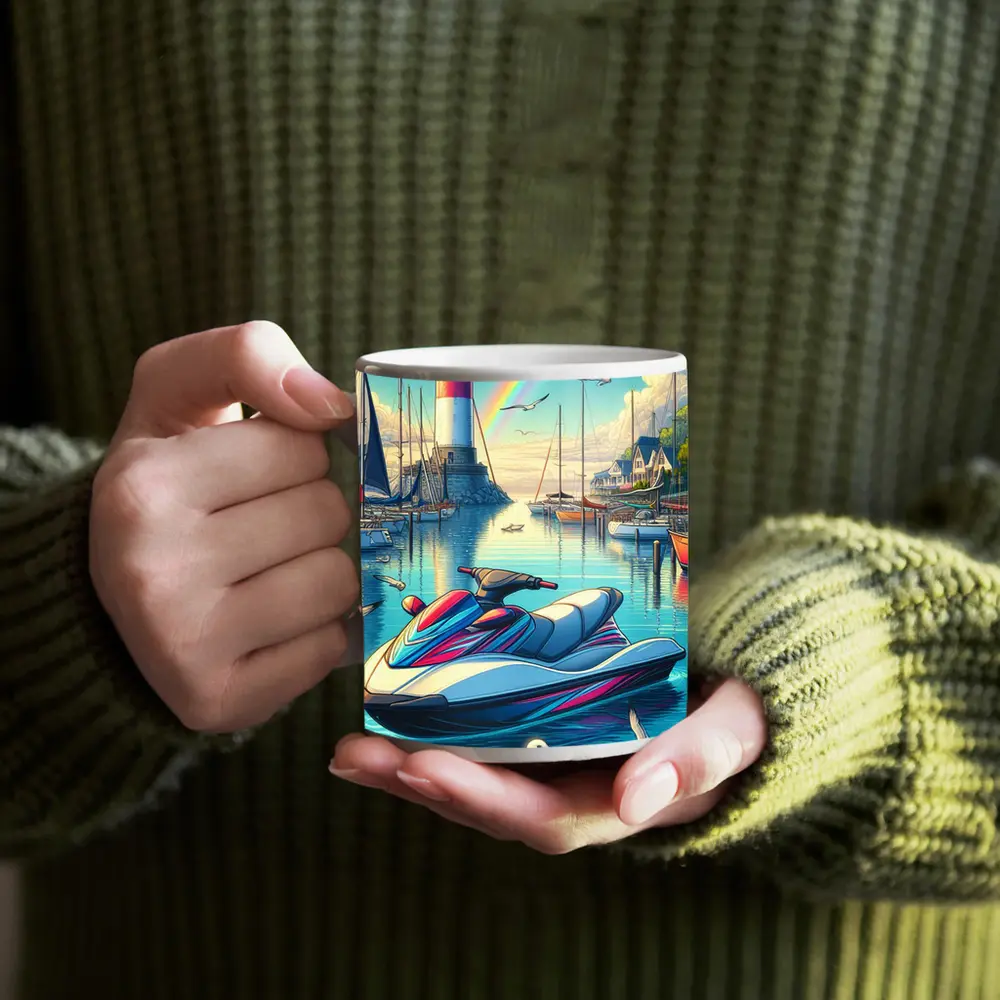 Jet Ski Harbor Lighthouse Rainbow Cartoon Art – Mugs