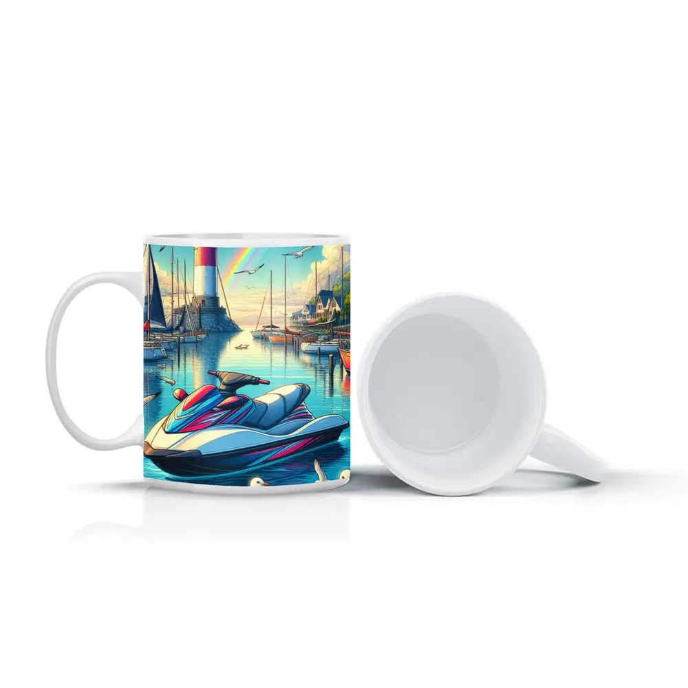 Jet Ski Harbor Lighthouse Rainbow Cartoon Art – Mugs