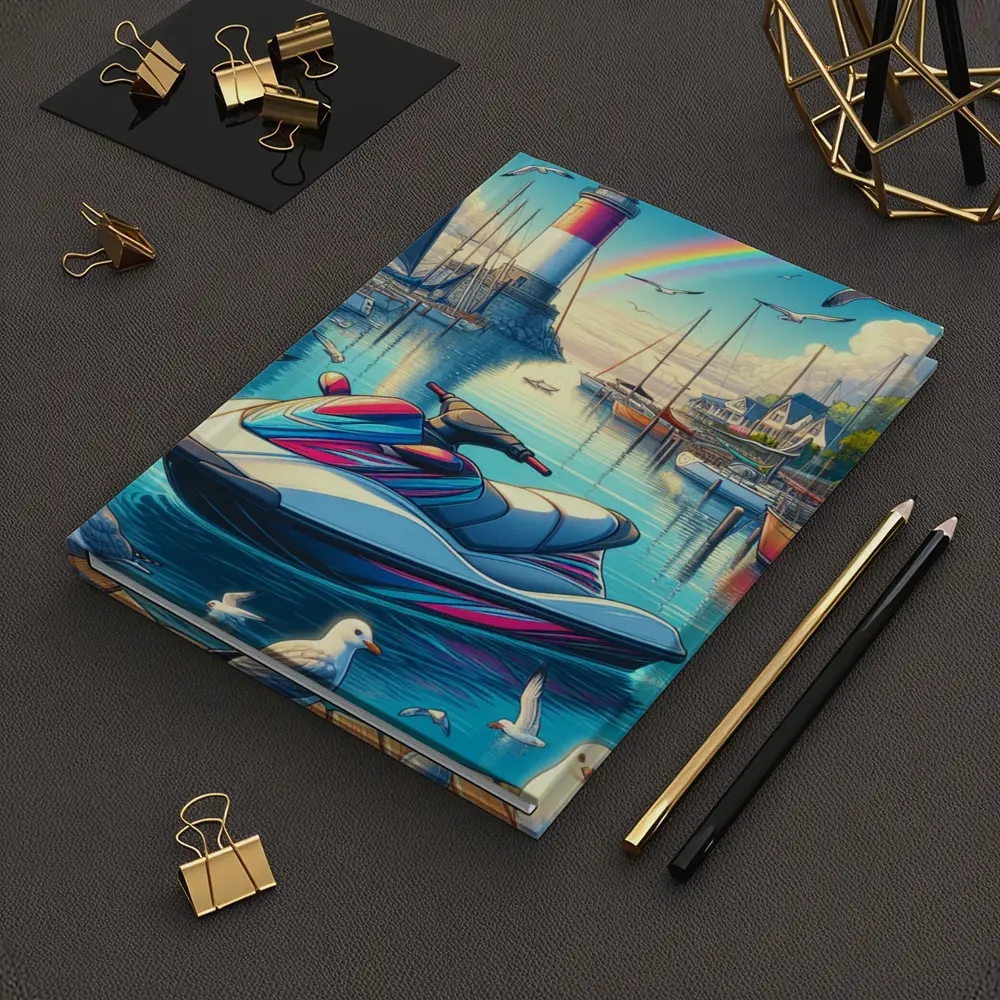 Jet Ski Harbor Lighthouse Rainbow Cartoon Art – Notebooks