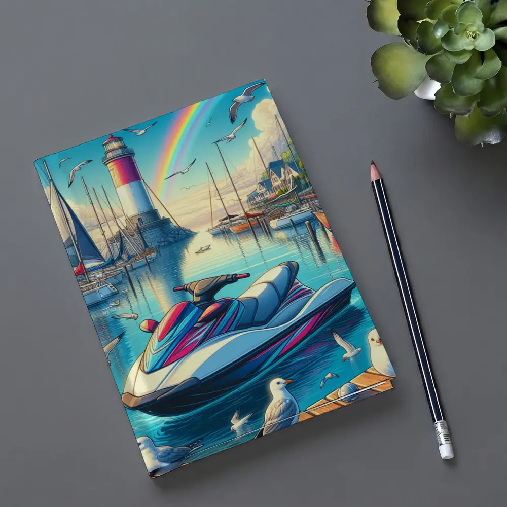 Jet Ski Harbor Lighthouse Rainbow Cartoon Art – Notebooks