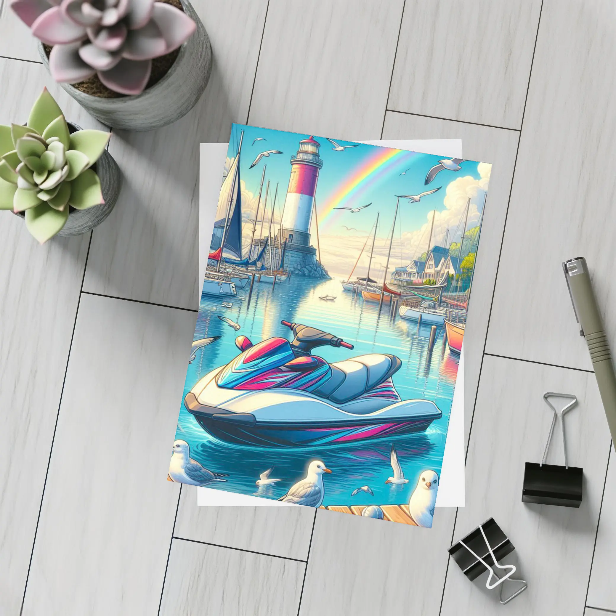 Jet Ski Harbor Lighthouse Rainbow Cartoon Art – Postcards