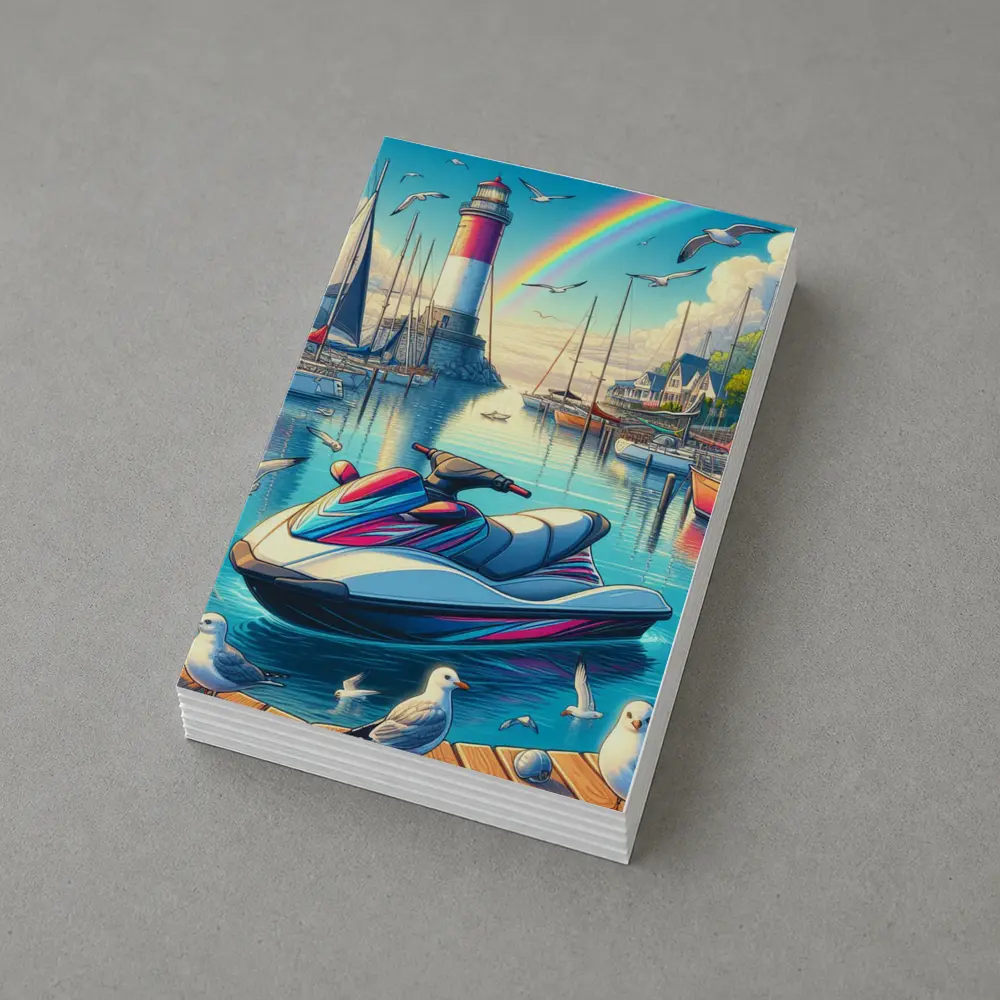 Jet Ski Harbor Lighthouse Rainbow Cartoon Art – Postcards