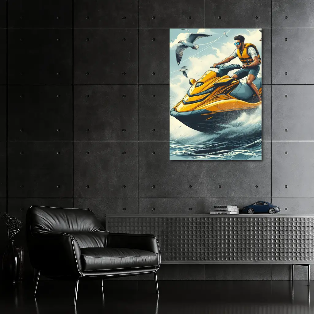 Man Riding Yellow Jet Ski Ocean Waves – Wall Art
