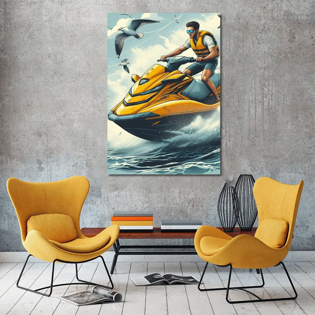 Man Riding Yellow Jet Ski Ocean Waves – Wall Art