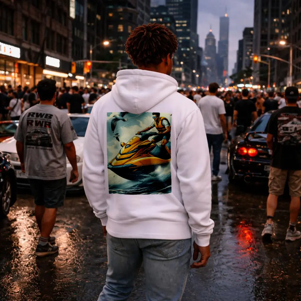 Man Riding Yellow Jet Ski Ocean Waves – Hoodies