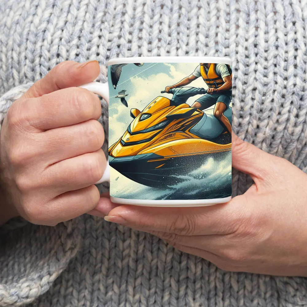 Man Riding Yellow Jet Ski Ocean Waves – Mugs