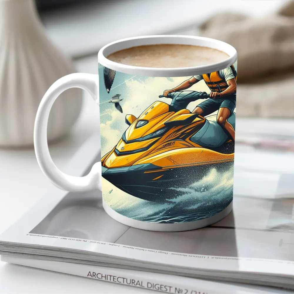 Man Riding Yellow Jet Ski Ocean Waves – Mugs