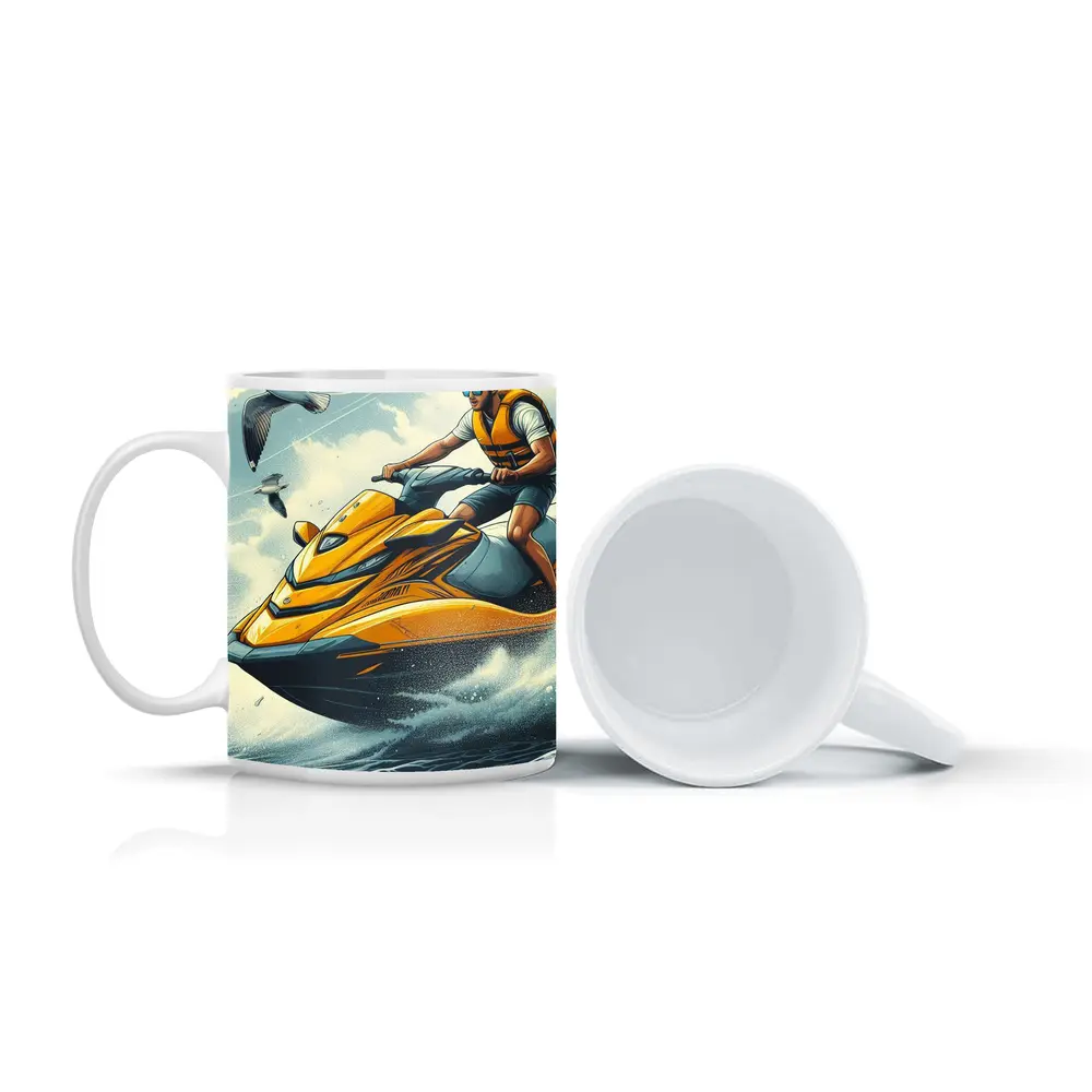 Man Riding Yellow Jet Ski Ocean Waves – Mugs