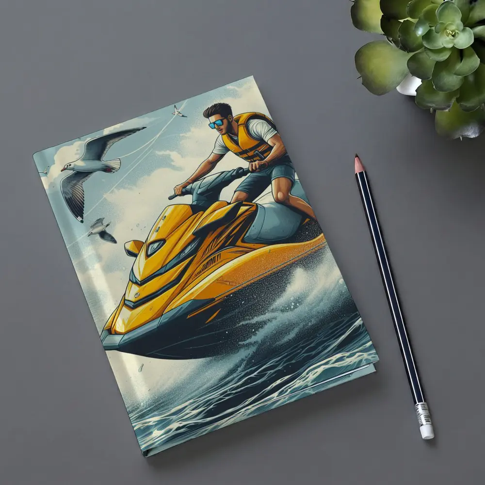 Man Riding Yellow Jet Ski Ocean Waves – Notebooks