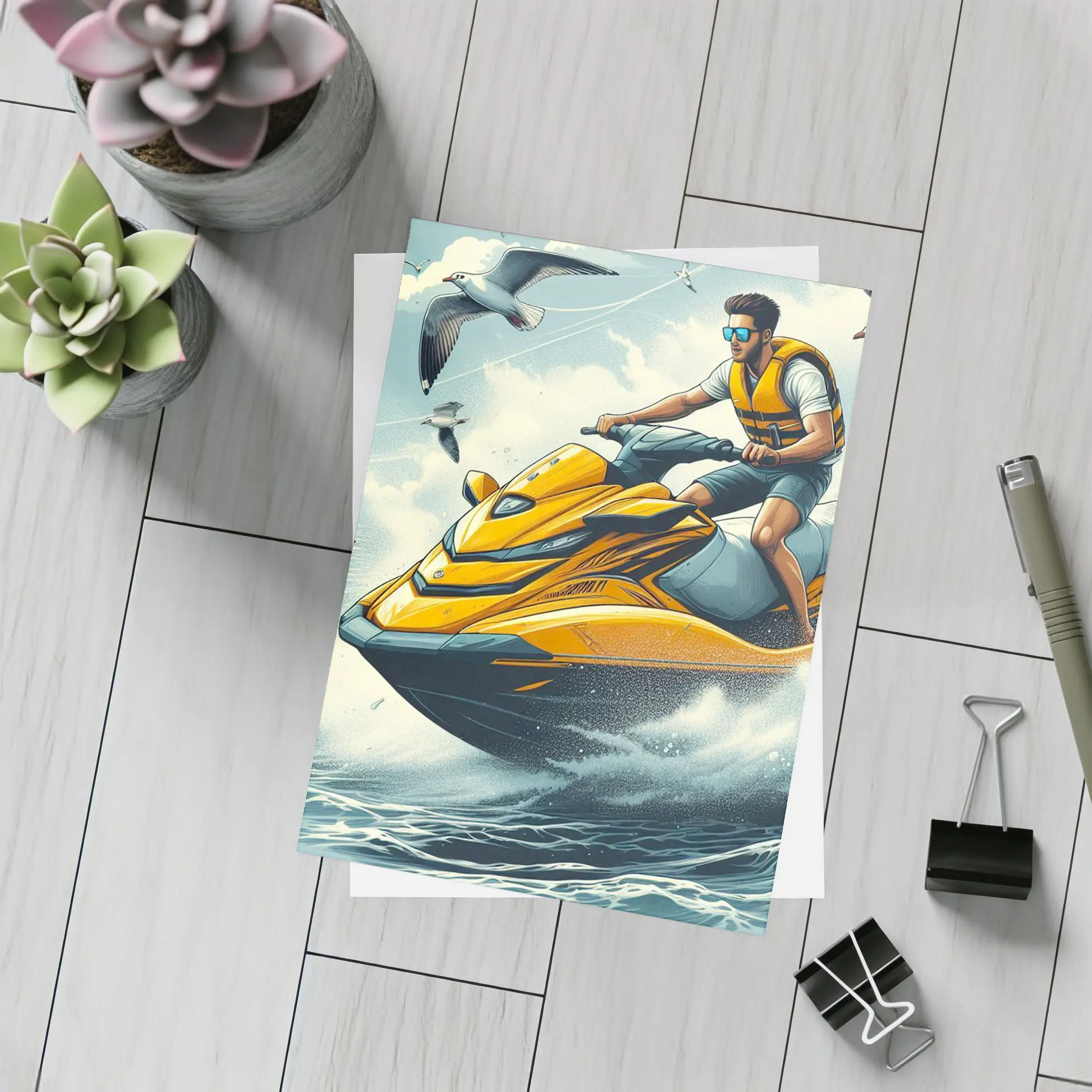 Man Riding Yellow Jet Ski Ocean Waves – Postcards