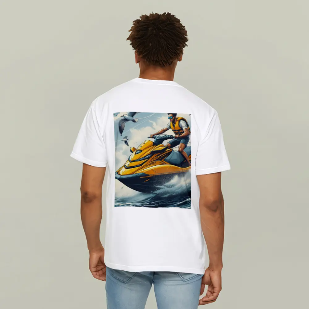 Man Riding Yellow Jet Ski Ocean Waves – T-Shirts