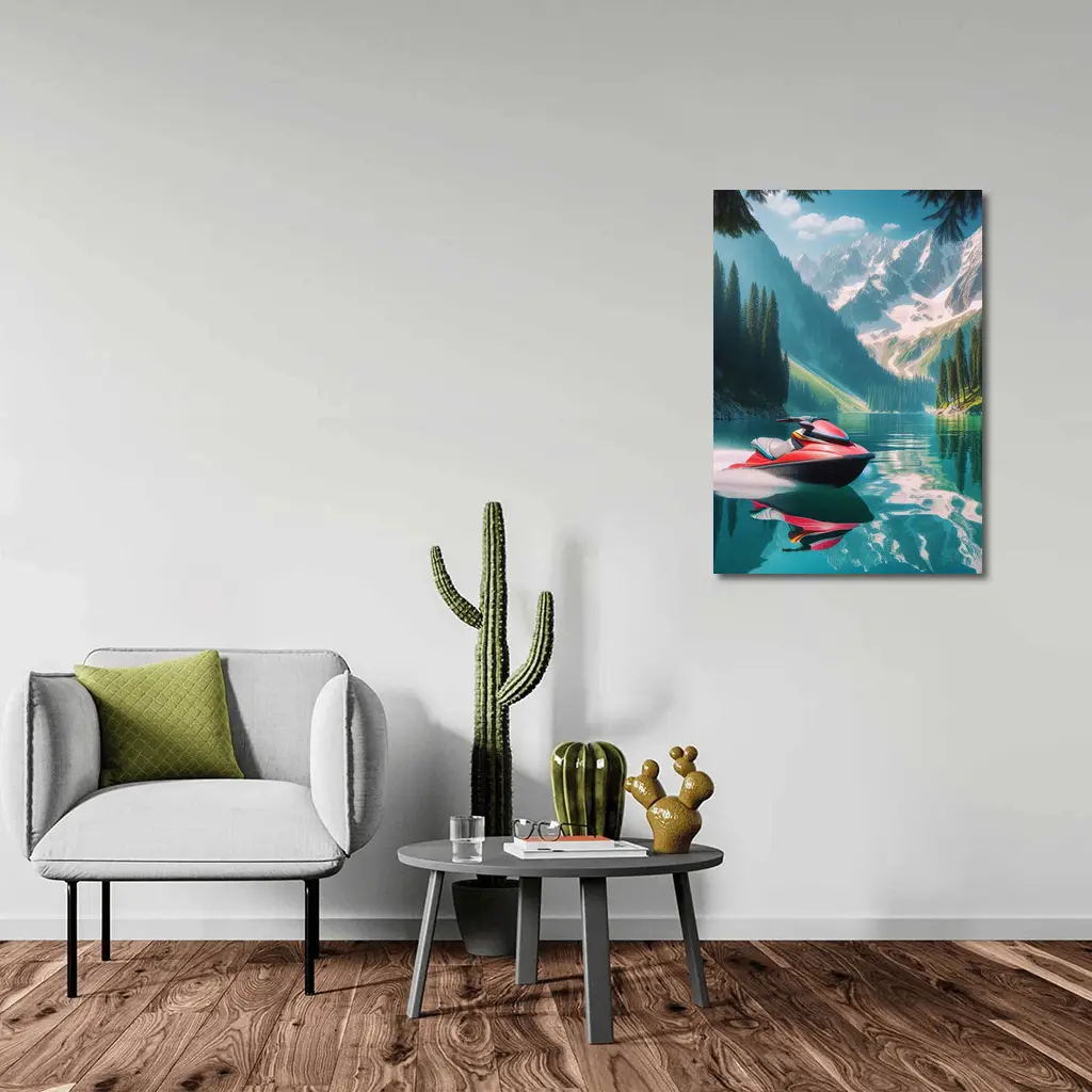 Red Jet Ski Alpine Mountain Lake Scene – Wall Art