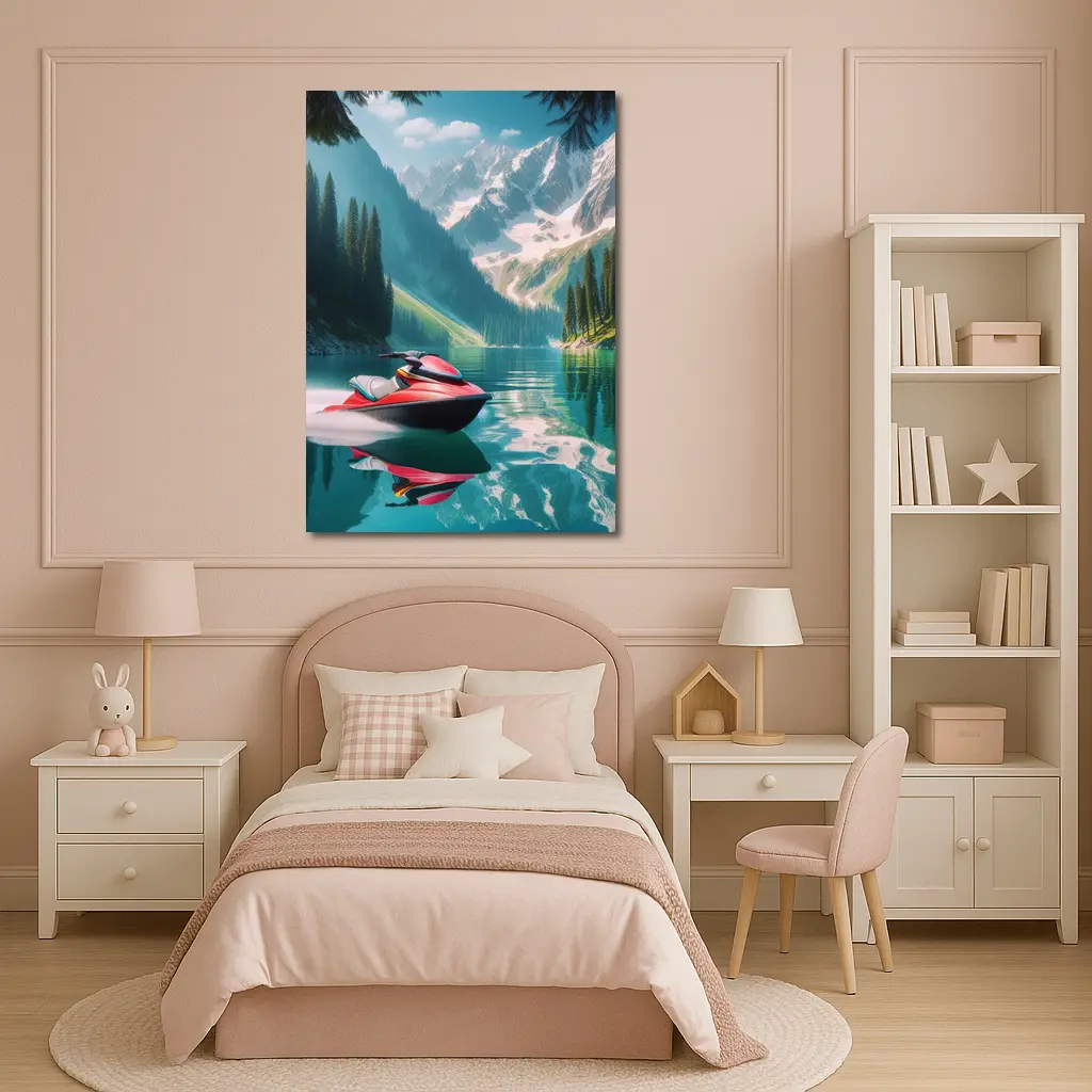 Red Jet Ski Alpine Mountain Lake Scene – Wall Art