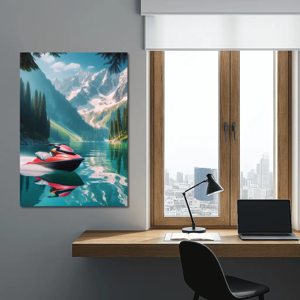 Red Jet Ski Alpine Mountain Lake Scene – Wall Art