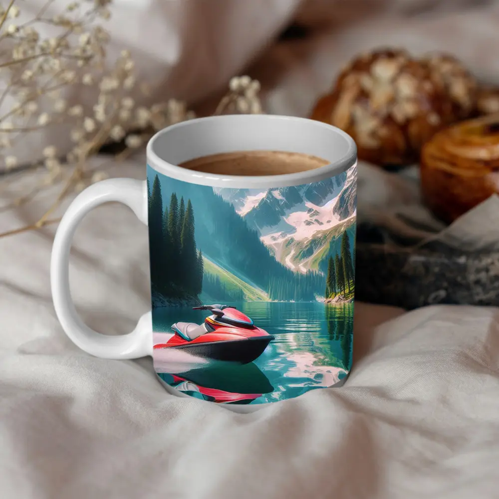 Red Jet Ski Alpine Mountain Lake Scene – Mugs