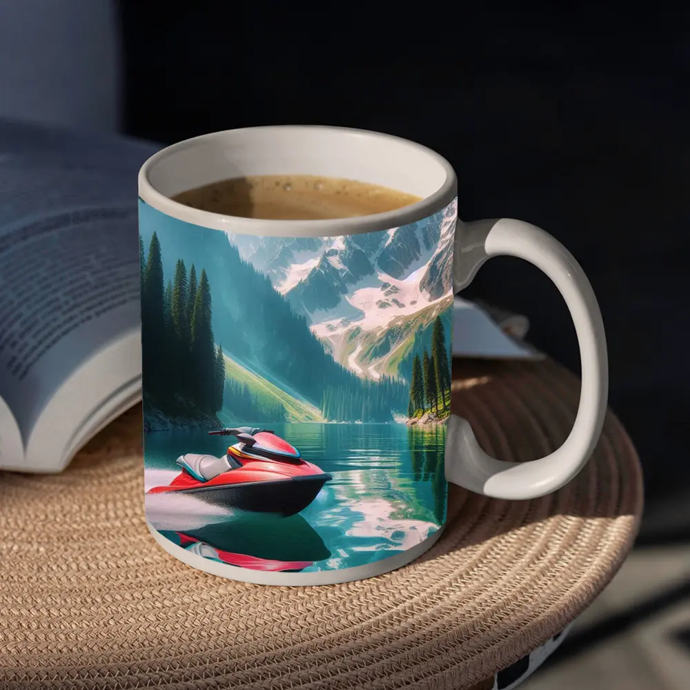 Red Jet Ski Alpine Mountain Lake Scene – Mugs