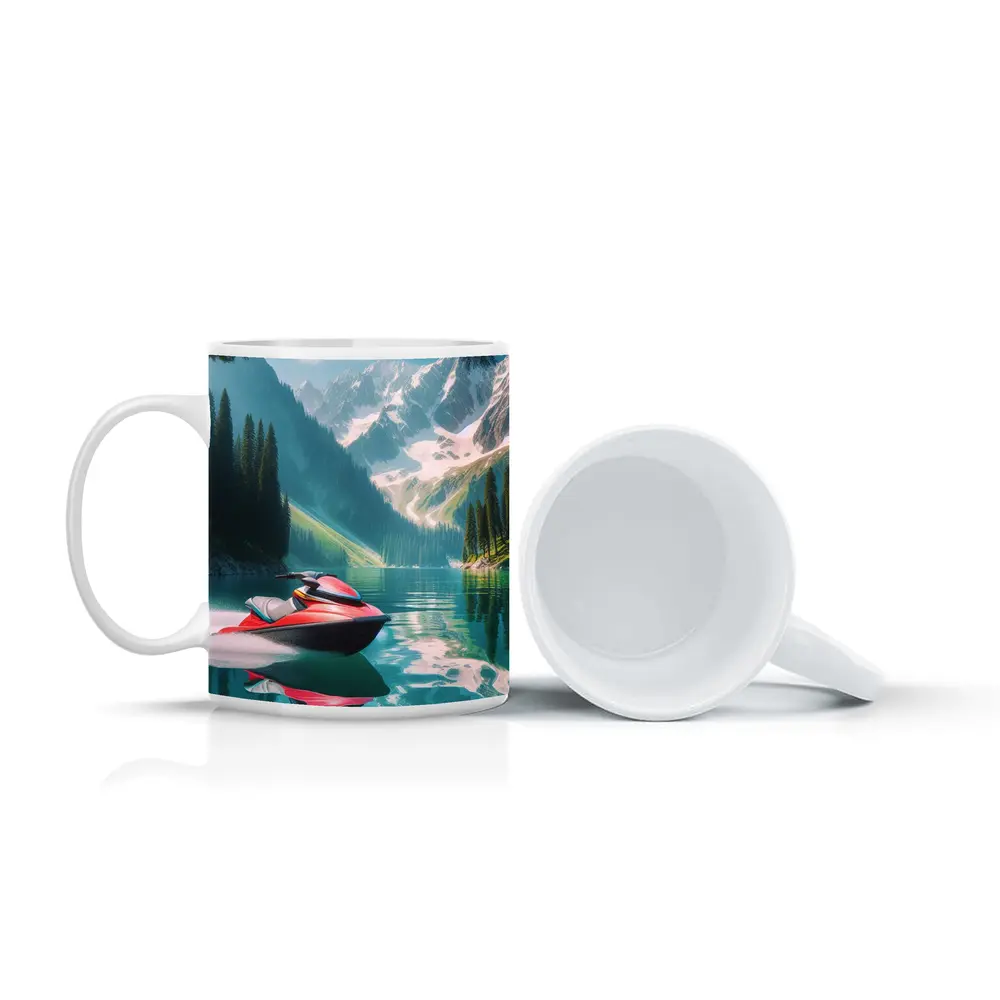 Red Jet Ski Alpine Mountain Lake Scene – Mugs