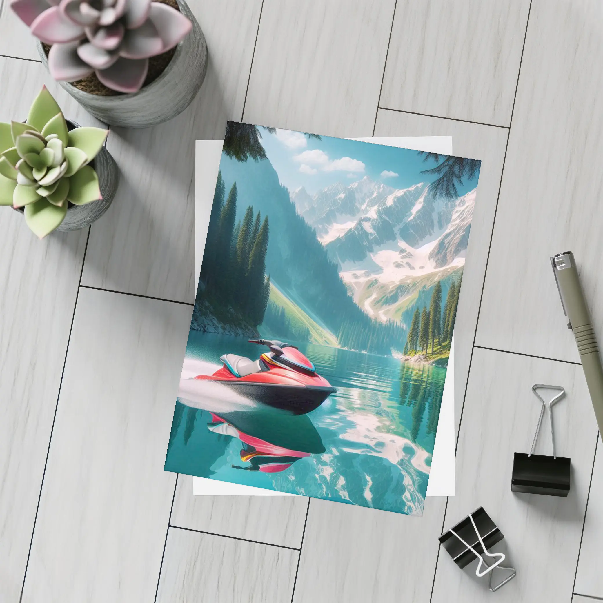 Red Jet Ski Alpine Mountain Lake Scene – Postcards
