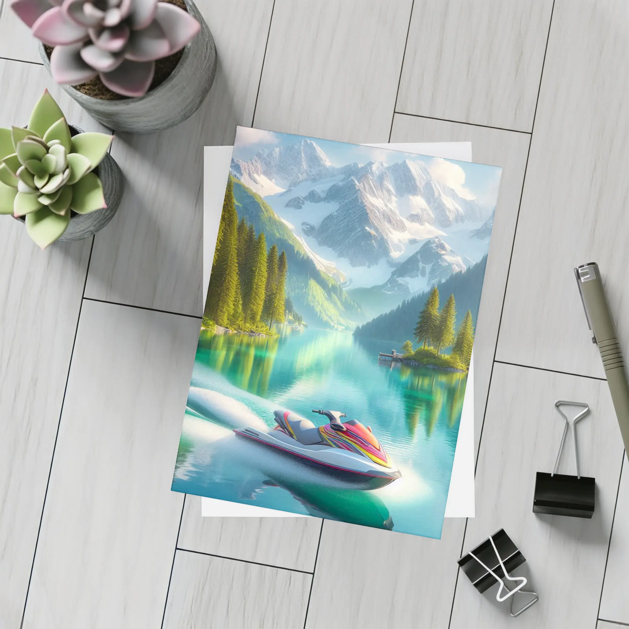 Jet Ski on Turquoise Alpine Mountain Lake – Postcards