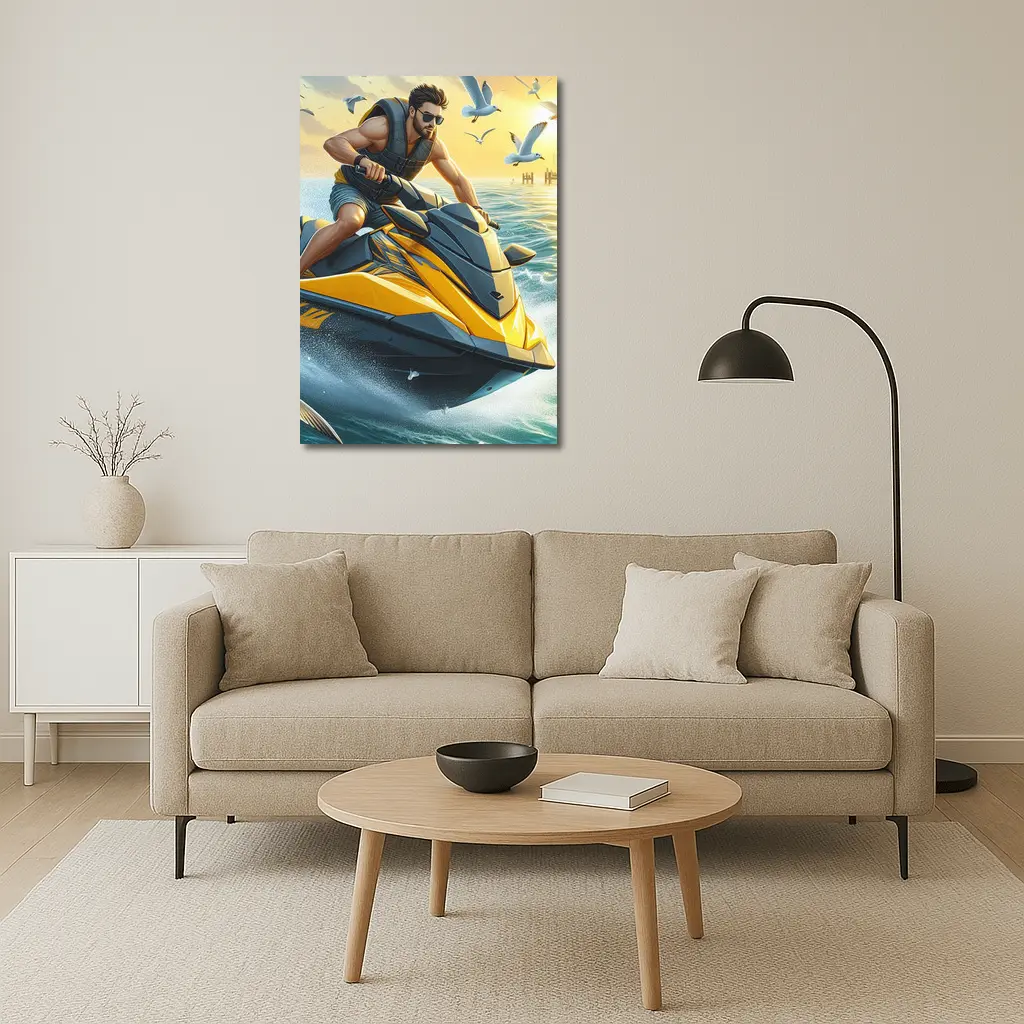 Man Riding Yellow Jet Ski Ocean Sunset – Wall Art